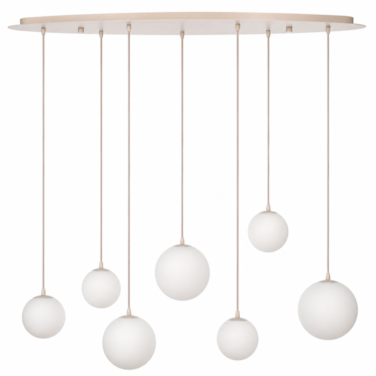 Pendant Light Stella 2174R in beige glass finish, front view showing seven frosted glass globe shades suspended at varying heights from a slim oval ceiling canopy, professional studio photography on white background by Marcottestyle