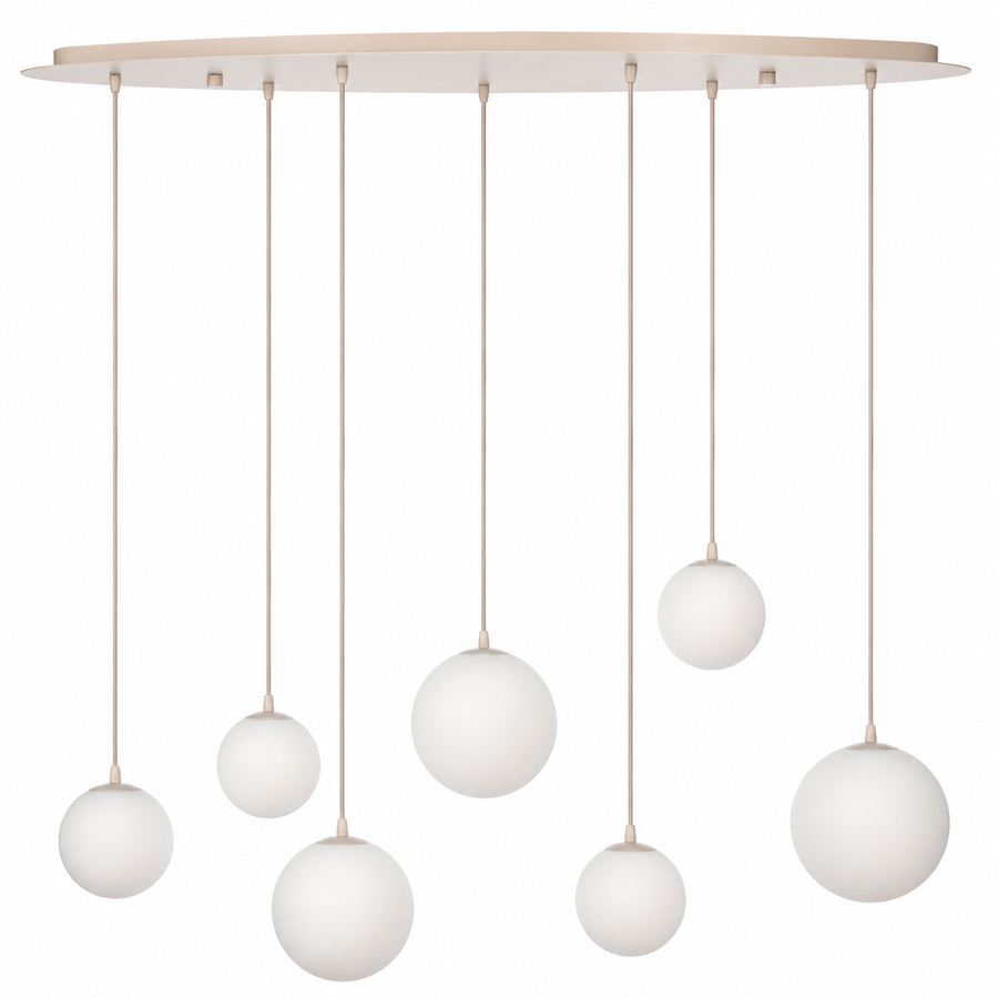 Suspension Stella 2174R in beige glass finish, front view showing seven frosted glass globe shades suspended at varying heights from a slim oval ceiling canopy, professional studio photography on white background by Marcottestyle
