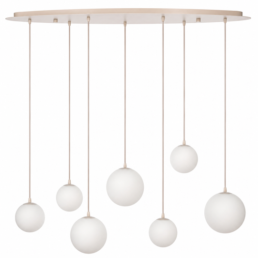 Pendant Light Stella 2174R in beige glass finish, front view showing seven frosted glass globe shades suspended at varying heights from a slim oval ceiling canopy, professional studio photography on white background by Marcottestyle