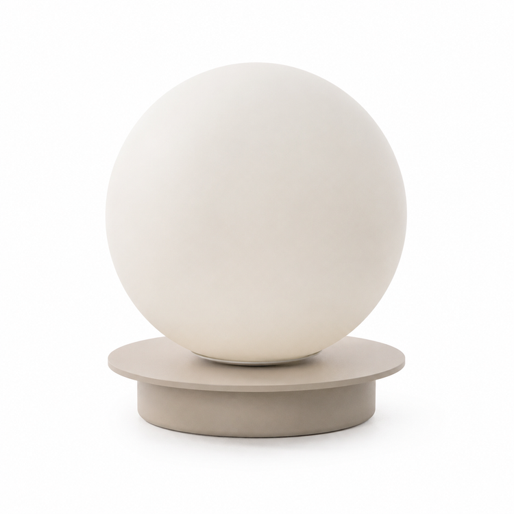 Table Lamp Stella 3154J front view, minimalist frosted white spherical shade on elegant base with subtle studio shadows on white background by Marcottestyle