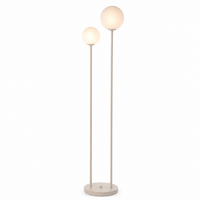 Vloerlamp Stella 3959S with lights turned on showing warm glow through Beige Stof shade on Wit background professional product photography by Marcottestyle
