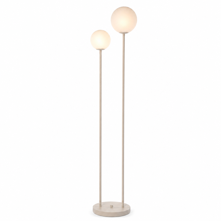 Floor Lamp Stella 3959S with lights turned on showing warm glow through beige fabric shade on white background professional product photography by Marcottestyle