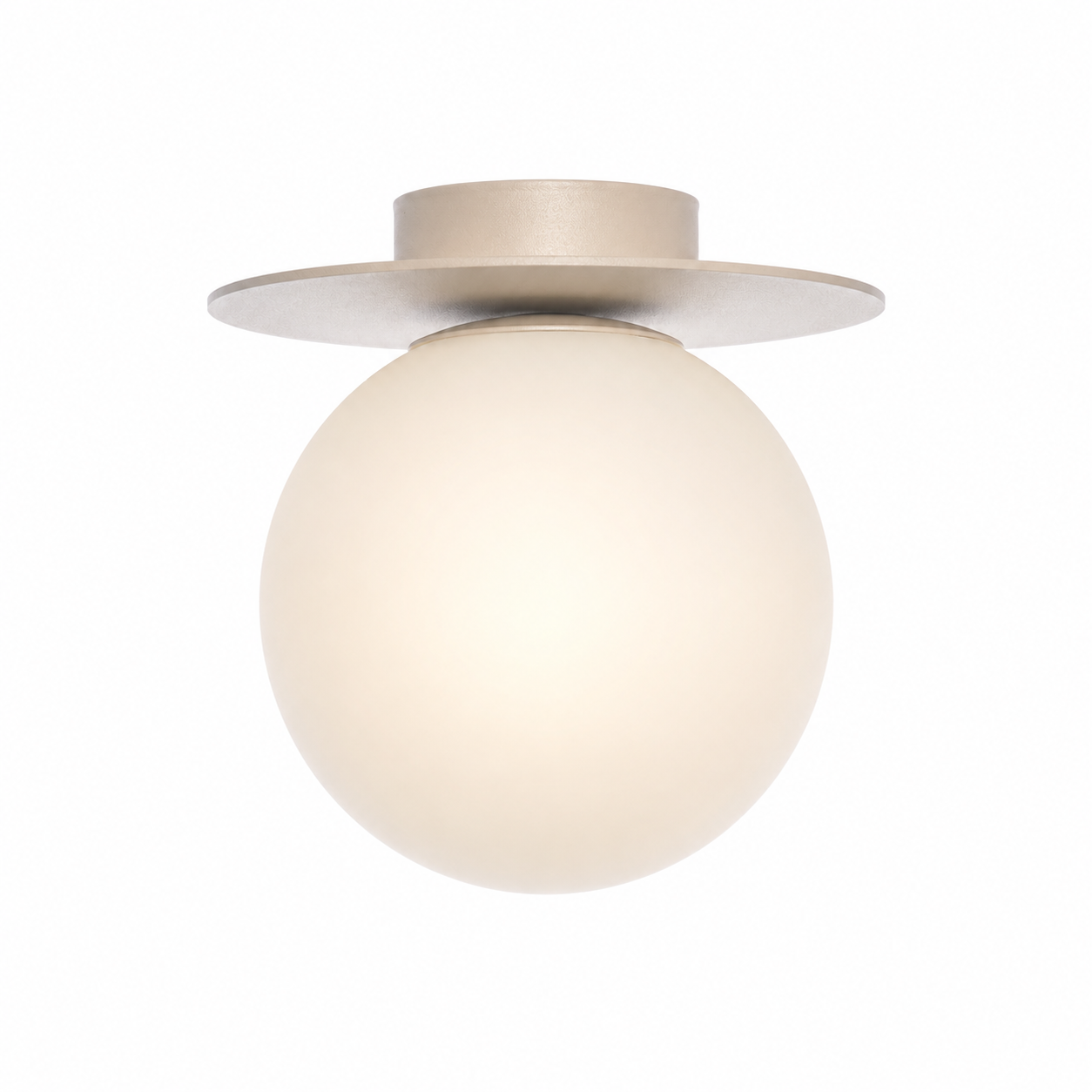 Ceiling Lamp Stella 4650Z mit lights turned on showing warm glow through the beige fabric shade, front view on white background mit subtle shadows in professional product photography by Marcottestyle