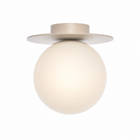Ceiling Lamp Stella 4650Z mit lights turned on showing warm glow through the beige fabric shade, front view on white background mit subtle shadows in professional product photography by Marcottestyle