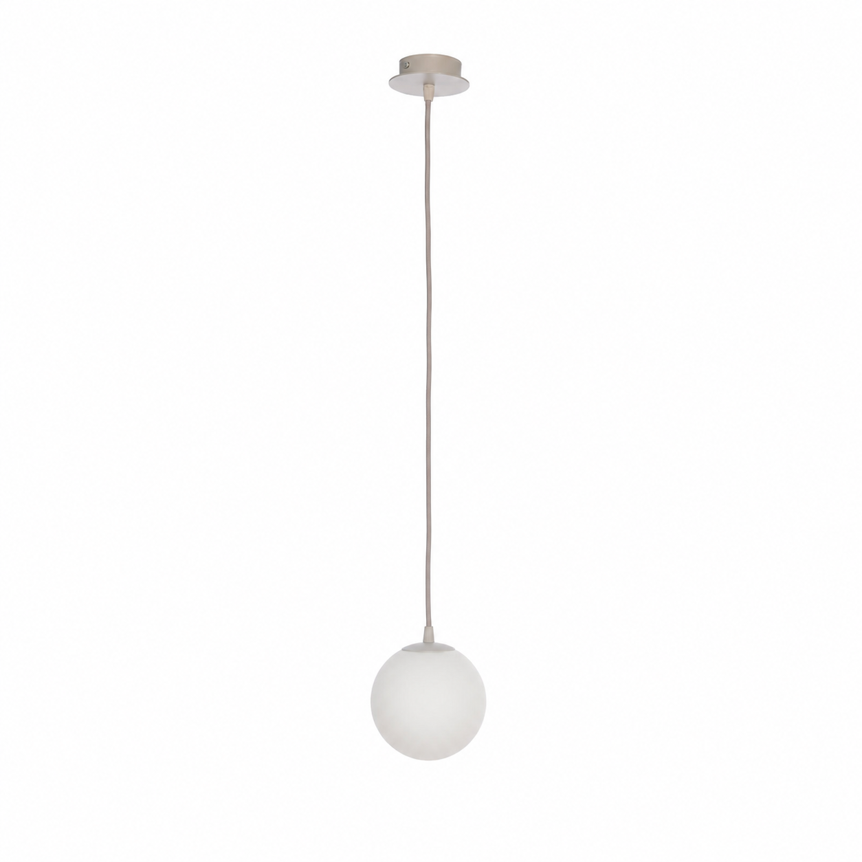 Hängelampe Stella 7585R in beige glass finish, front view on white background mit soft studio lighting showing the elegant opal glass shade and sleek metal frame, professional product photography by Marcottestyle