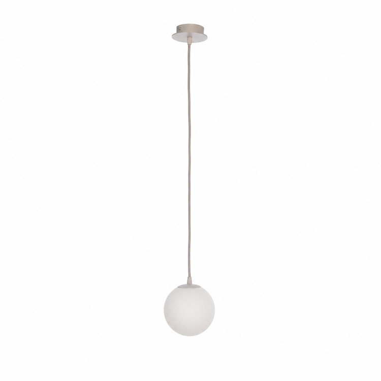 Pendant Light Stella 7585R in beige glass finish, front view on white background with soft studio lighting showing the elegant opal glass shade and sleek metal frame, professional product photography by Marcottestyle