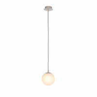 Hängelampe Stella 7585R beige mit light turned on, showing warm glow through the opal glass shade on a white background mit subtle shadows, professional product photography by Marcottestyle