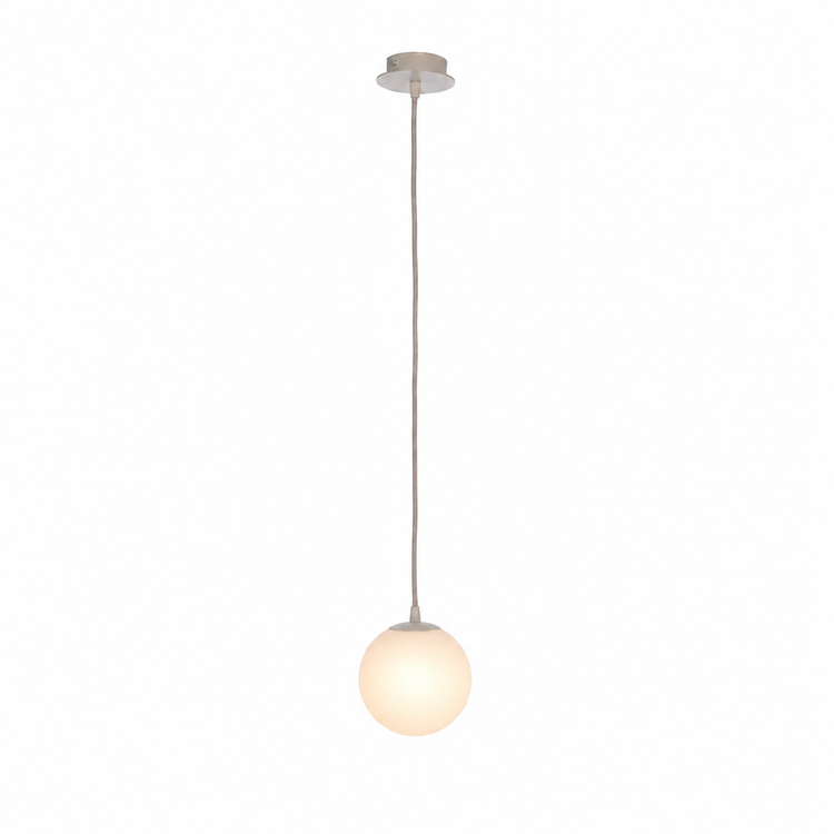 Pendant Light Stella 7585R beige with light turned on, showing warm glow through the opal glass shade on a white background with subtle shadows, professional product photography by Marcottestyle