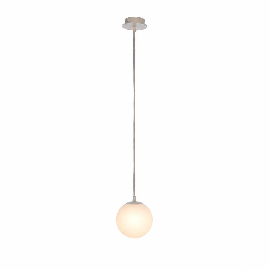 Hängelampe Stella 7585R beige mit light turned on, showing warm glow through the opal glass shade on a white background mit subtle shadows, professional product photography by Marcottestyle