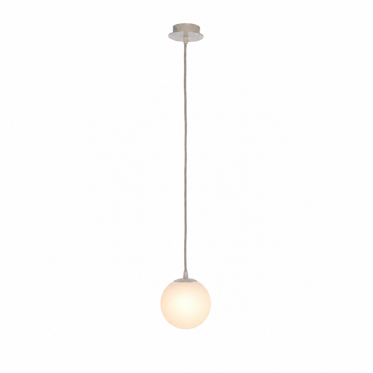 Pendant Light Stella 7585R beige with light turned on, showing warm glow through the opal glass shade on a white background with subtle shadows, professional product photography by Marcottestyle