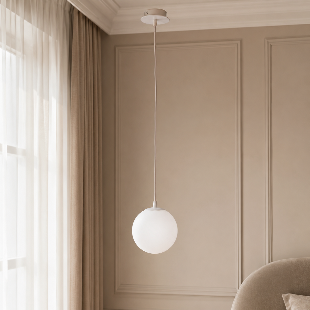 Hängelampe Stella 7585R beige styled in a modern luxury interior mit classic framing, natural window light and realistic reflections creating a photorealistic room setting by Marcottestyle