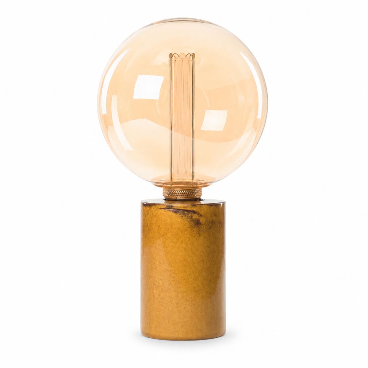 Table Lamp Jutta 2724Y in yellow with amber globe bulb on natural wood base, professional front view on white background with subtle shadow by Marcottestyle