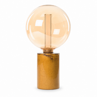 Tischlampe Jutta 2724Y in yellow mit amber globe bulb on natural wood base, professional front view on white background mit subtle shadow by Marcottestyle