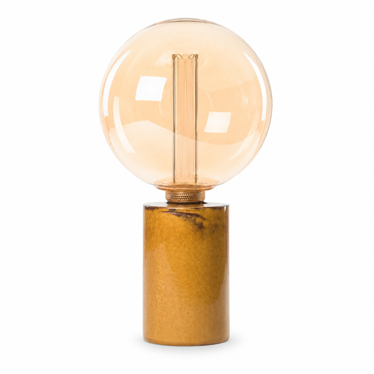 Table Lamp Jutta 2724Y in yellow with amber globe bulb on natural wood base, professional front view on white background with subtle shadow by Marcottestyle