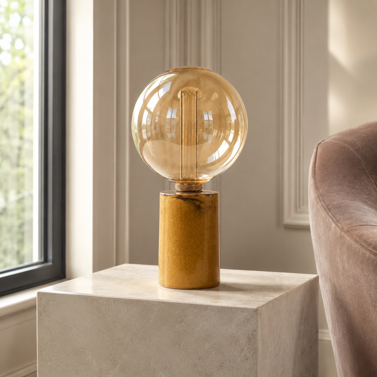 Table Lamp Jutta 2724Y yellow placed in modern luxury room interior with natural window light, velvet carpet and classic framing, photorealistic setting by Marcottestyle