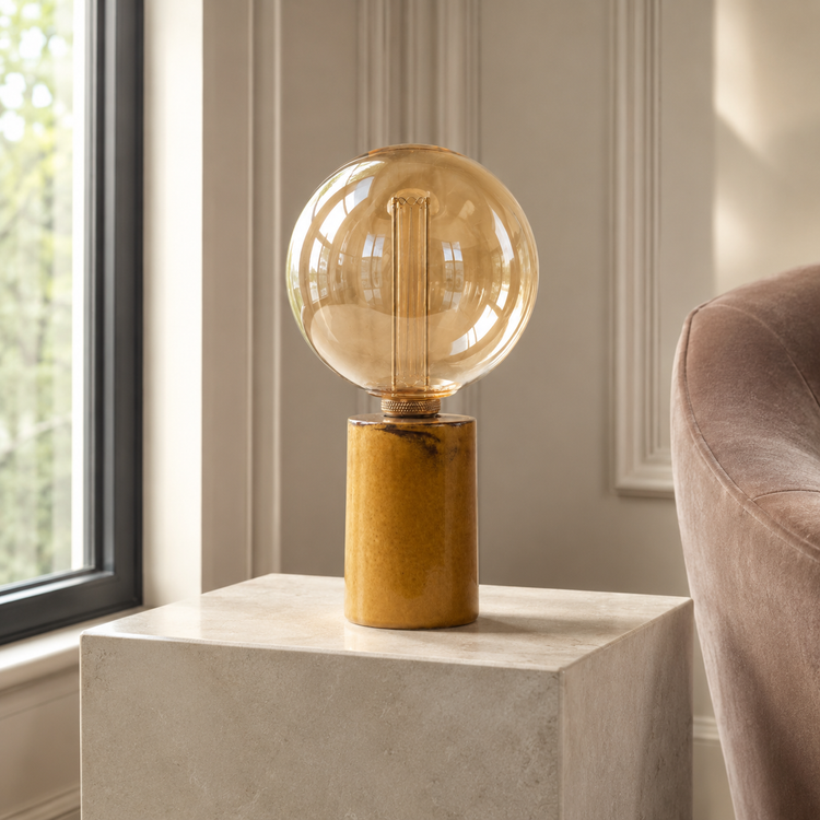 Table Lamp Jutta 2724Y yellow placed in modern luxury room interior with natural window light, velvet carpet and classic framing, photorealistic setting by Marcottestyle