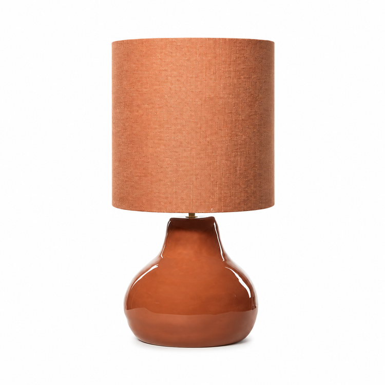 Table Lamp Stella 2575R front view on white background, rustic terracotta ceramic base with warm fabric cylindrical lampshade, professional studio lighting with soft shadow, 30x30 cm table lamp by Marcottestyle