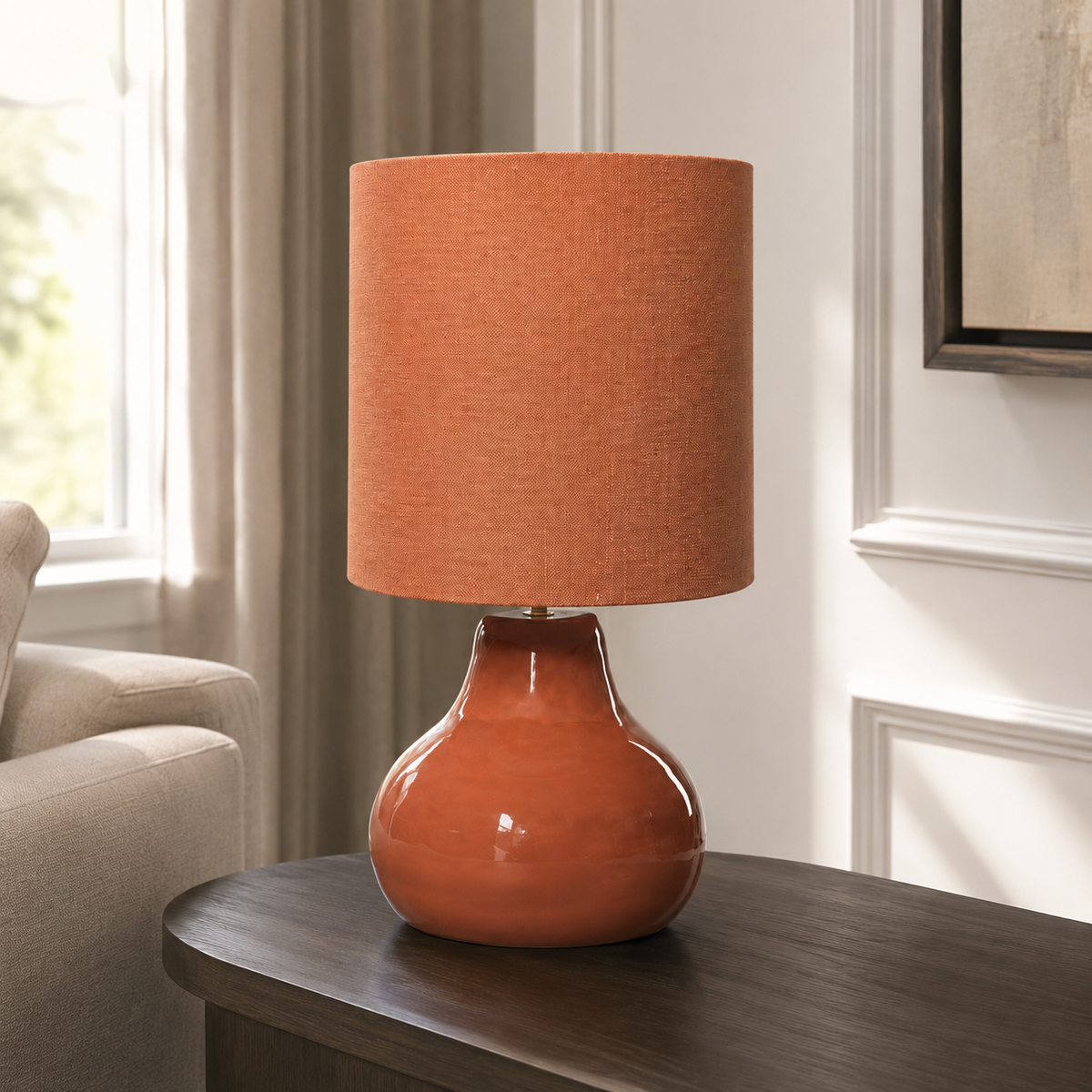 Table Lamp Stella 2575R styled in modern luxury interior room setting, natural sunlight from window creating realistic reflections, velvet carpet and classic framing, photorealistic lifestyle shot by Marcottestyle