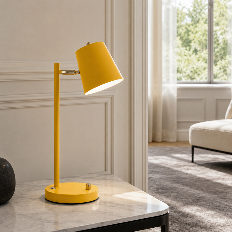 Table Lamp Thor 3748P in yellow styled in modern luxury room interior with natural window light, photorealistic setting with velvet carpet and classic framing by Marcottestyle