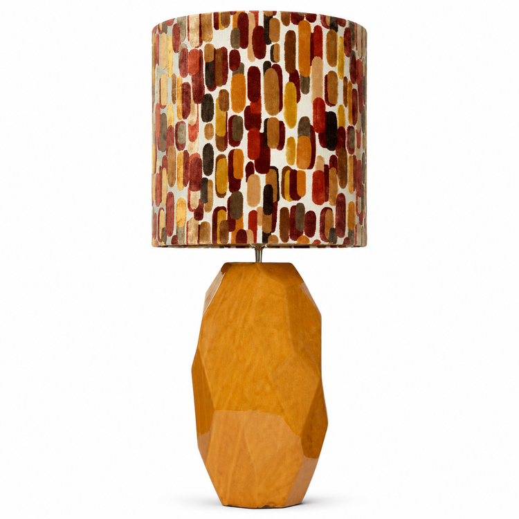 Table Lamp Thor 5563Q in yellow with geometric wooden base and warm-toned mosaic lampshade, front view on white background with soft studio lighting by Marcottestyle
