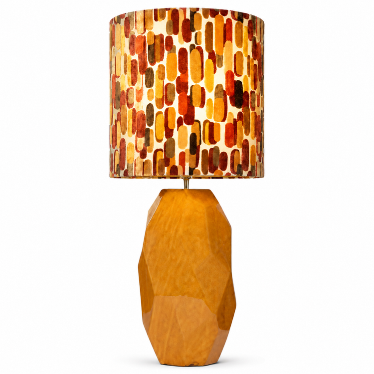 Table Lamp Thor 5563Q in yellow with lights turned on showing warm glow through the mosaic glass shade, front view on white background with professional studio lighting by Marcottestyle