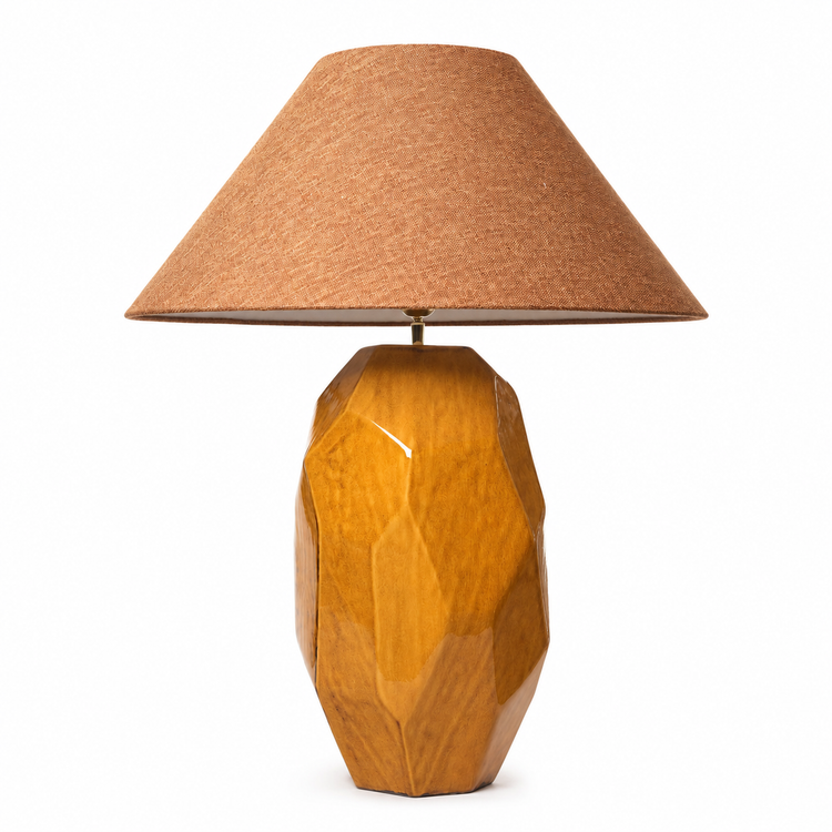 Professional front view of the Table Lamp Thor 6126K featuring a geometric yellow ceramic base with a warm-toned conical fabric shade, studio lighting on white background showcasing elegant proportions and craftsmanship by Marcottestyle