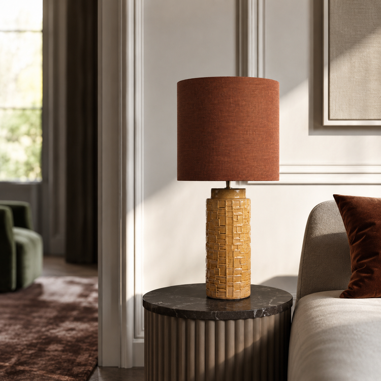 Table Lamp Tilda 4947A copper styled in a modern luxury interior with natural window light and velvet furnishings, photorealistic room setting by Marcottestyle