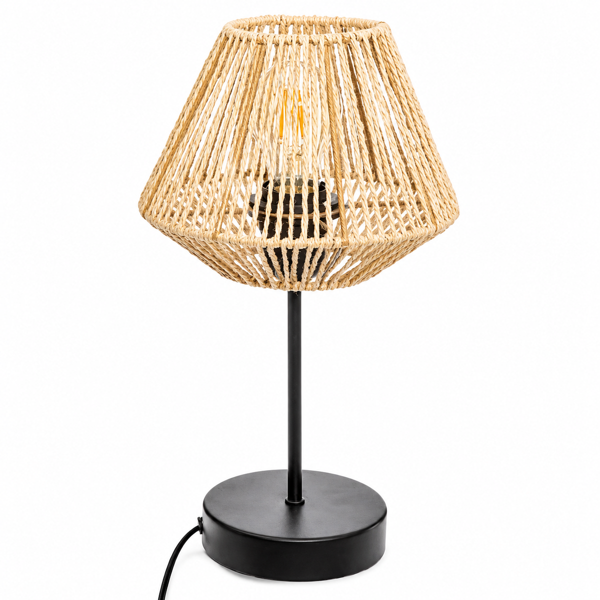 Table Lamp Zola 5683A front view on white background with subtle shadow, showcasing rusty metal base and diamond brique fabric shade in professional studio lighting by Marcottestyle