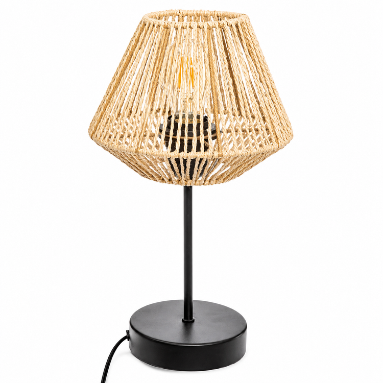 Table Lamp Zola 5683A front view on white background with subtle shadow, showcasing rusty metal base and diamond brique fabric shade in professional studio lighting by Marcottestyle