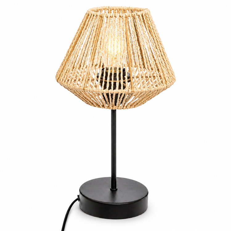 Table Lamp Zola 5683A with light turned on showing warm glow through diamond brique fabric shade, rusty metal base on white background in professional product photography by Marcottestyle