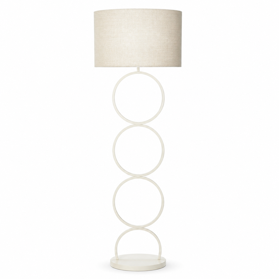 Stehlampe Thor 7082K in beige finish, front view on white background mit subtle shadow, showing the elegant metal base and vlaslinnen fabric lampshade in professional studio lighting by Marcottestyle