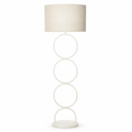 Floor Lamp Thor 7082K in beige finish, front view on white background with subtle shadow, showing the elegant metal base and vlaslinnen fabric lampshade in professional studio lighting by Marcottestyle