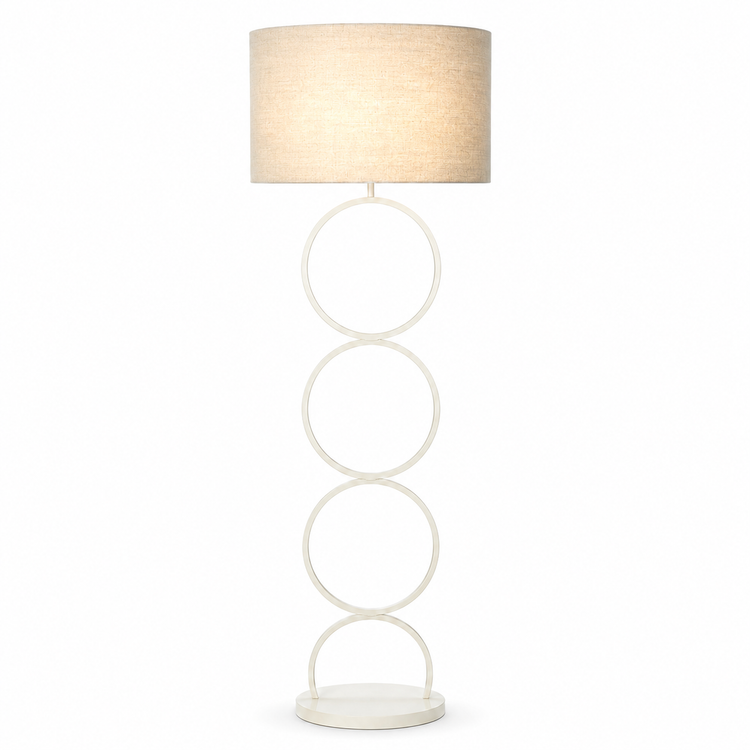 Floor Lamp Thor 7082K beige with light turned on showing warm glow through the vlaslinnen fabric shade, front view on white background with professional product photography lighting by Marcottestyle