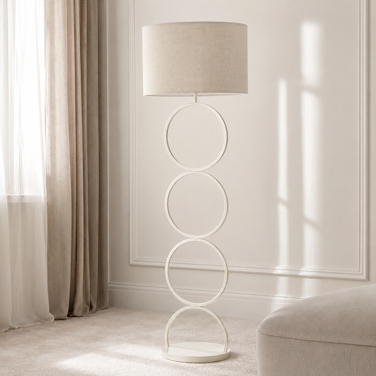 Floor Lamp Thor 7082K beige styled in a modern luxury living room with velvet carpet and classic framing, photorealistic interior setting with natural window light and reflections by Marcottestyle