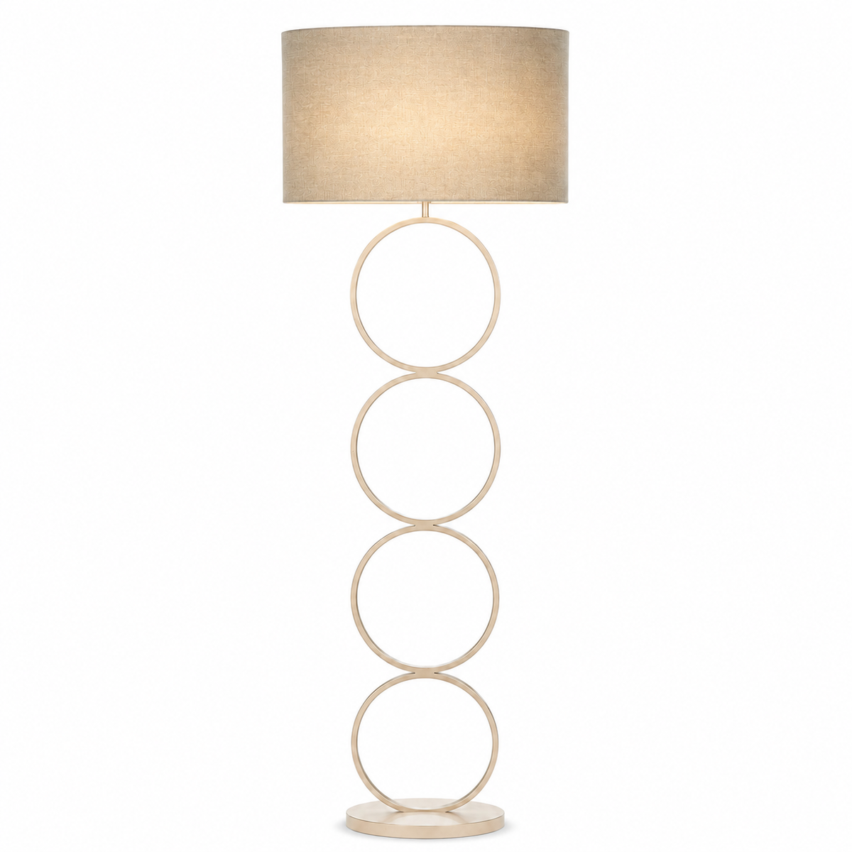 Floor Lamp Thor 9680Q taupe with light turned on, showing warm glow through the Sigrid 055 fabric shade on white background, atmospheric studio product shot by Marcottestyle