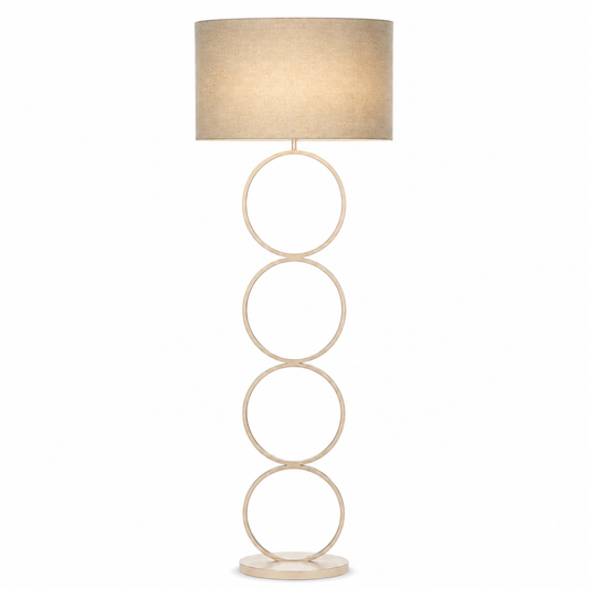 Floor Lamp Thor 9680Q taupe with light turned on, showing warm glow through the Sigrid 055 fabric shade on white background, atmospheric studio product shot by Marcottestyle