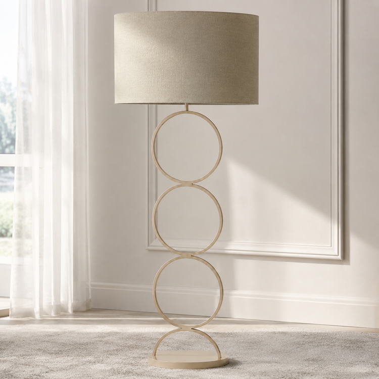 Floor Lamp Thor 9680Q taupe styled in a modern luxury living room with natural sunlight, velvet carpet and classic decor, photorealistic interior setting by Marcottestyle
