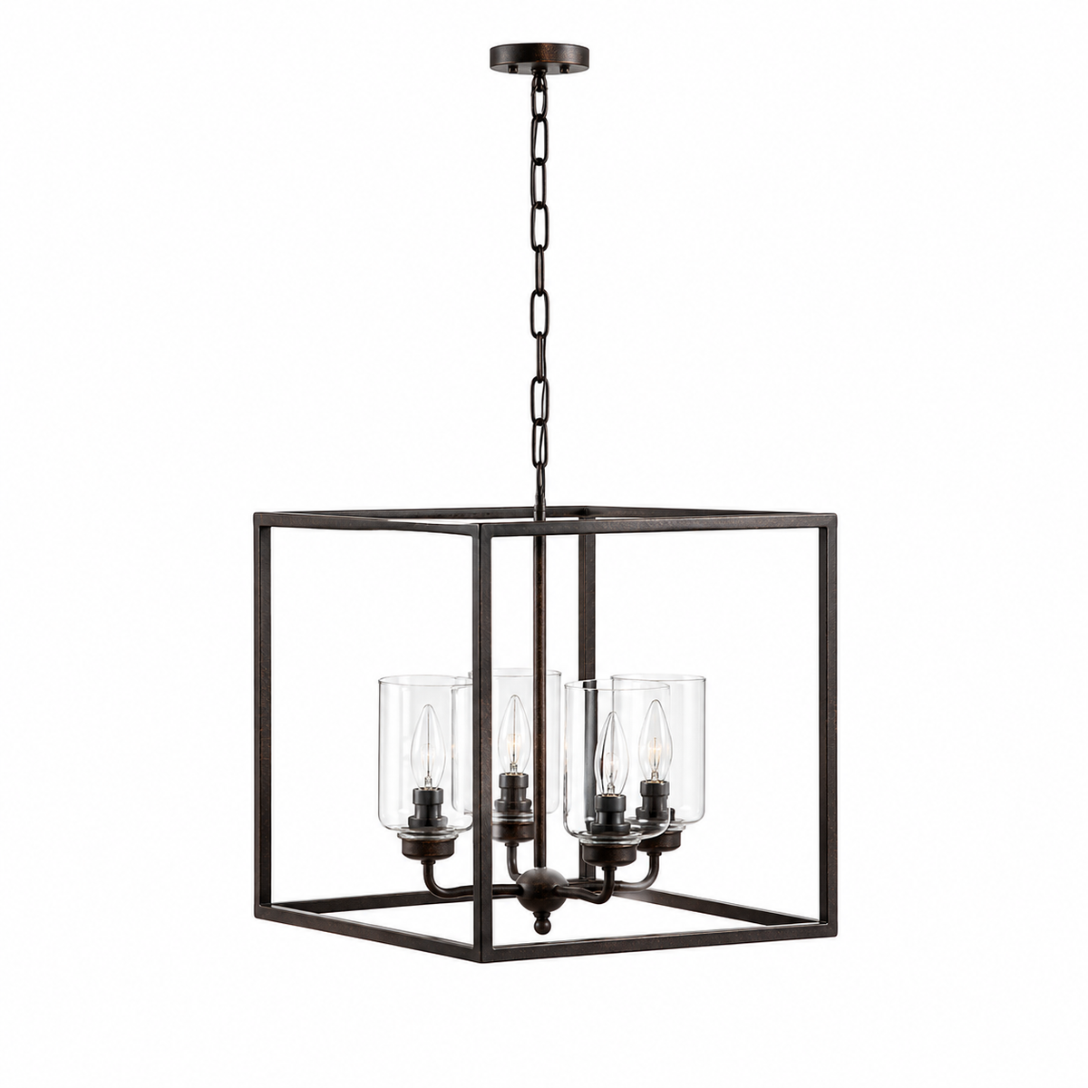 Thora 2891A rust-finished square pendant light with 4 E27 lampholders and clear glass cylinder shades, contemporary classic ceiling lantern 45x45cm for dining table, kitchen island and entrance hall - Vista frontale | Marcottestyle