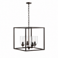 Thora 2891A rust-finished square pendant light with 4 E27 lampholders and clear glass cylinder shades, contemporary classic ceiling lantern 45x45cm for dining table, kitchen island and entrance hall - studio front view on pure white background by Marcottestyle