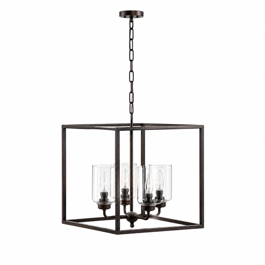 Thora 2891A rust-finished square pendant light with 4 E27 lampholders and clear glass cylinder shades, contemporary classic ceiling lantern 45x45cm for dining table, kitchen island and entrance hall - studio front view on pure white background by Marcottestyle