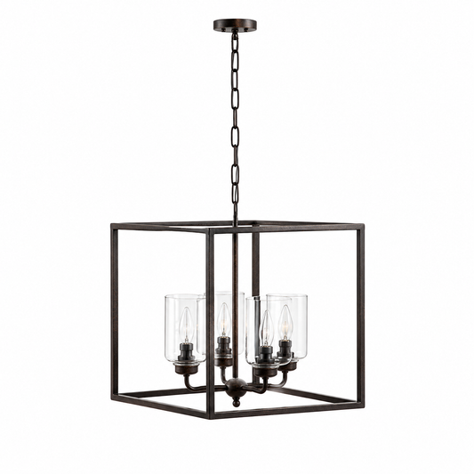 Thora 2891A rust-finished square pendant light with 4 E27 lampholders and clear glass cylinder shades, contemporary classic ceiling lantern 45x45cm for dining table, kitchen island and entrance hall - studio front view on pure white background by Marcottestyle