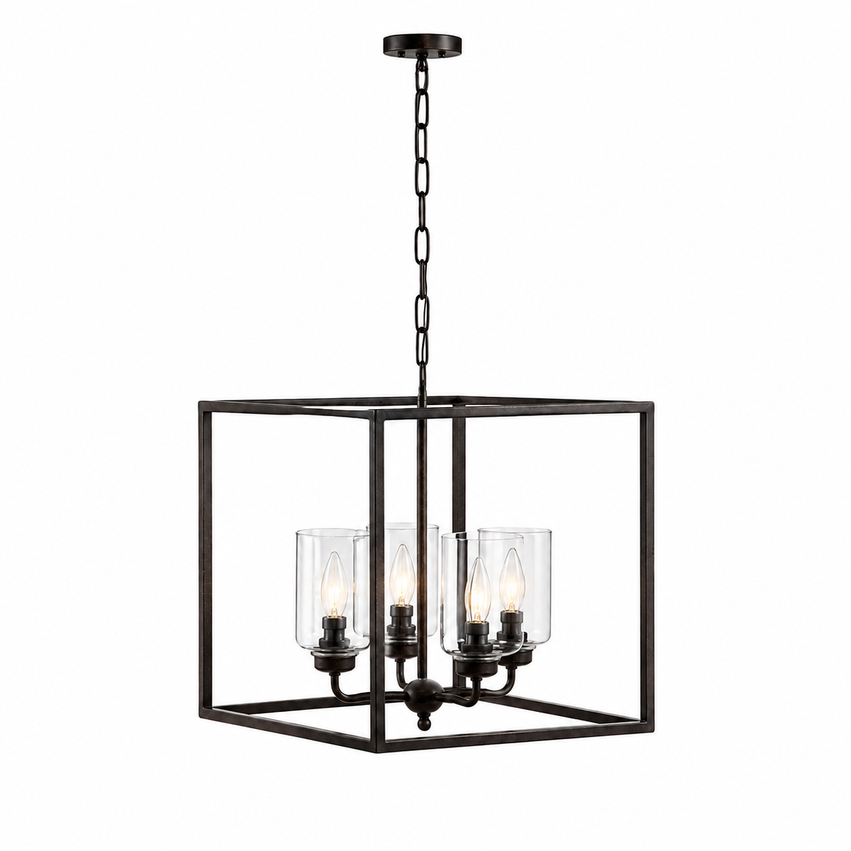 Thora 2891A rust pendant light with 4 E27 candle bulbs gently illuminated showing warm ambient glow through clear glass cylinder shades, square ceiling lantern in contemporary classic design - studio shot on white background by Marcottestyle | Marcottestyle