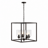 Thora 2891A rust pendant light with 4 E27 candle bulbs gently illuminated showing warm ambient glow through clear glass cylinder shades, square ceiling lantern in contemporary classic design - studio shot on white background by Marcottestyle