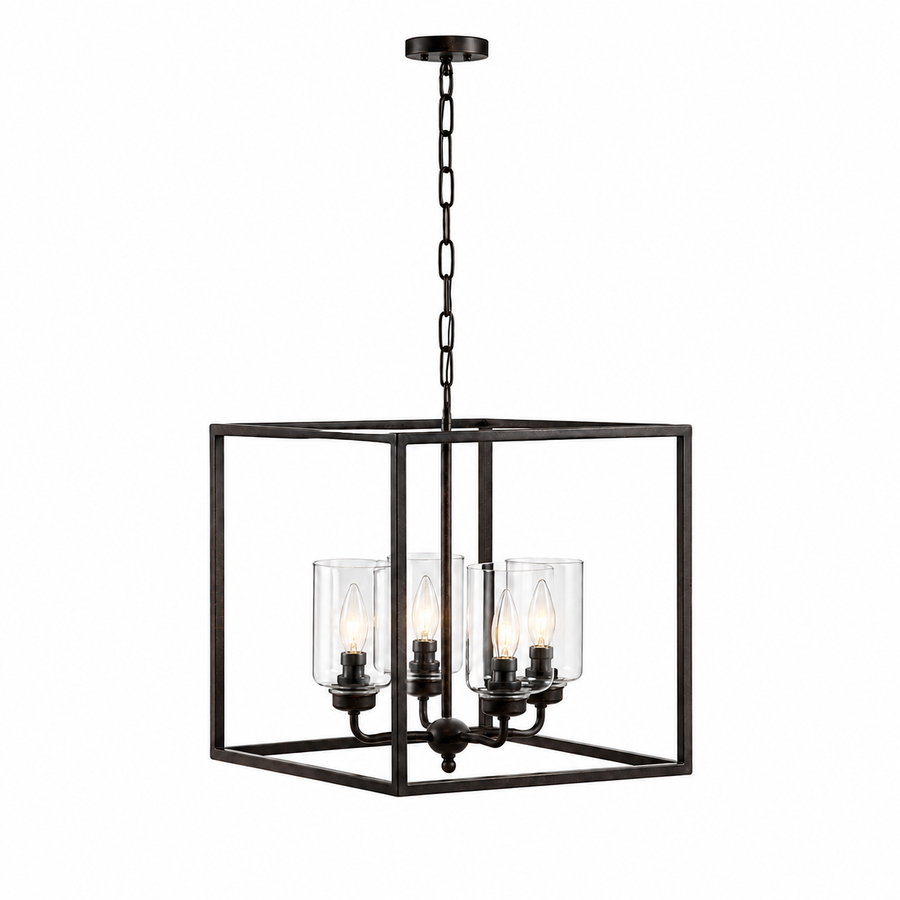 Thora 2891A rust pendant light with 4 E27 candle bulbs gently illuminated showing warm ambient glow through clear glass cylinder shades, square ceiling lantern in contemporary classic design - studio shot on white background by Marcottestyle