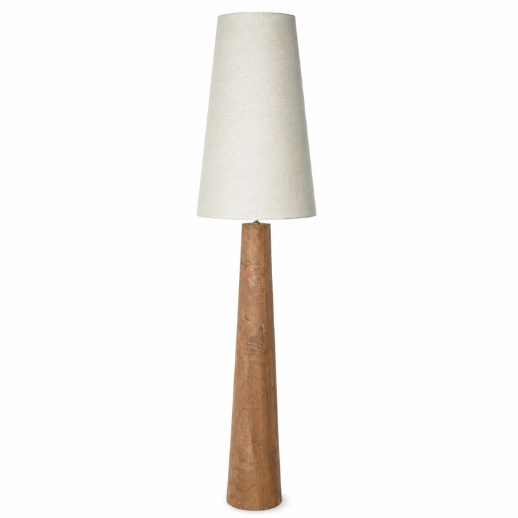 Floor Lamp Thora 5251K front view, natural metal base with Toeter 40 Vlaslinnen Licht fabric shade, professional studio lighting on pure white background with soft contact shadows by Marcottestyle