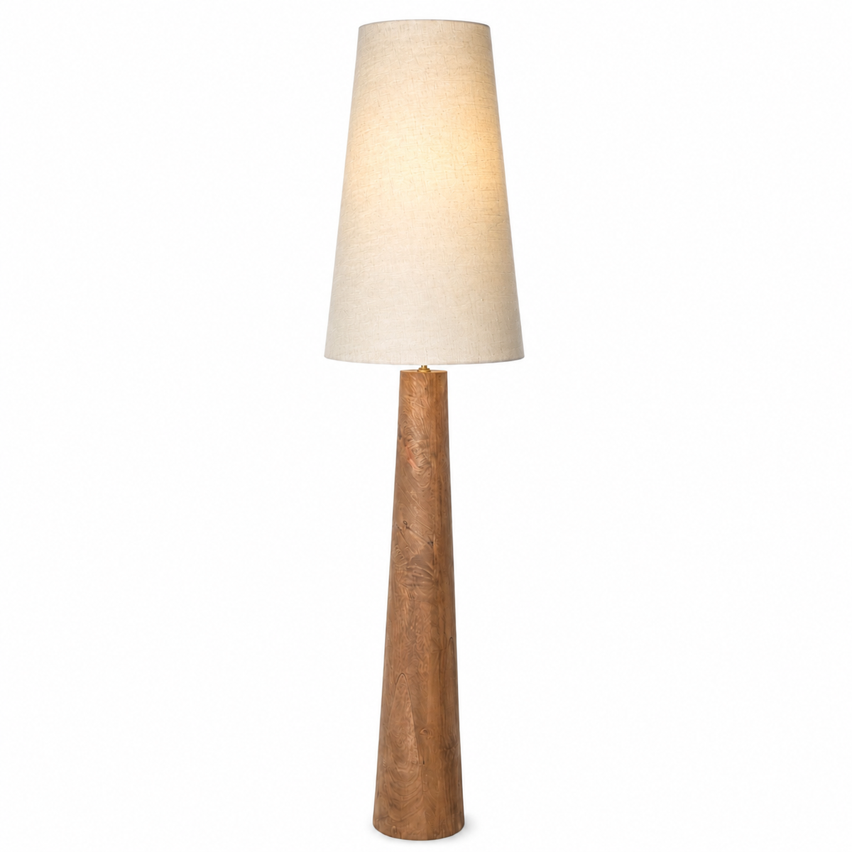 Floor Lamp Thora 5251K with light turned on showing warm glow through linen fabric shade, natural metal finish on white background, atmospheric product photography by Marcottestyle