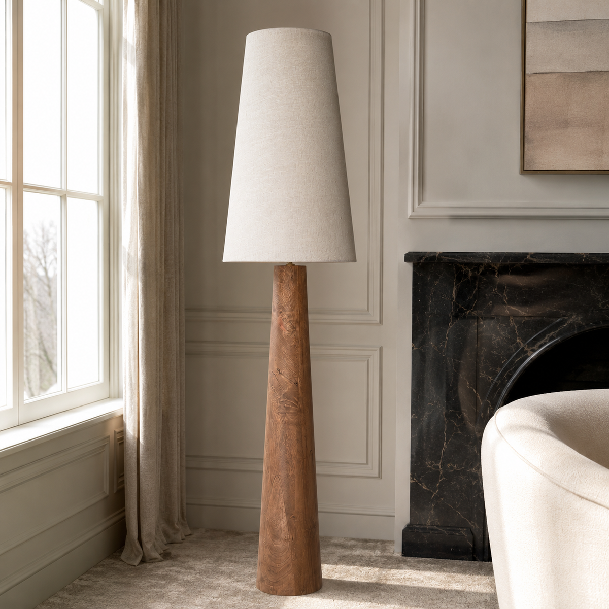 Floor Lamp Thora 5251K styled in modern luxury living room interior with velvet carpet, natural window light and realistic reflections, photorealistic room setting by Marcottestyle