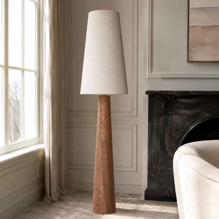 Floor Lamp Thora 5251K styled in modern luxury living room interior with velvet carpet, natural window light and realistic reflections, photorealistic room setting by Marcottestyle