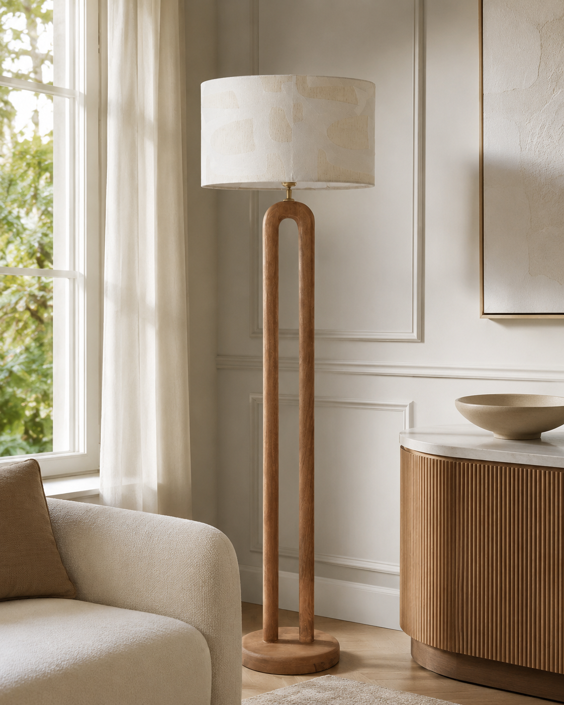 Floor Lamp Tilda 3060C White styled in a modern luxury living room interior with natural sunlight, velvet carpet and classic contemporary decor by Marcottestyle