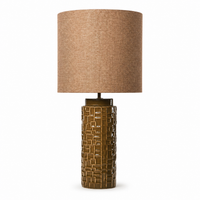 Tischlampe Tilda 3384Q in olive green ceramic mit dark brown cylindrical fabric shade, front studio view on white background mit soft shadow, professional product photography by Marcottestyle